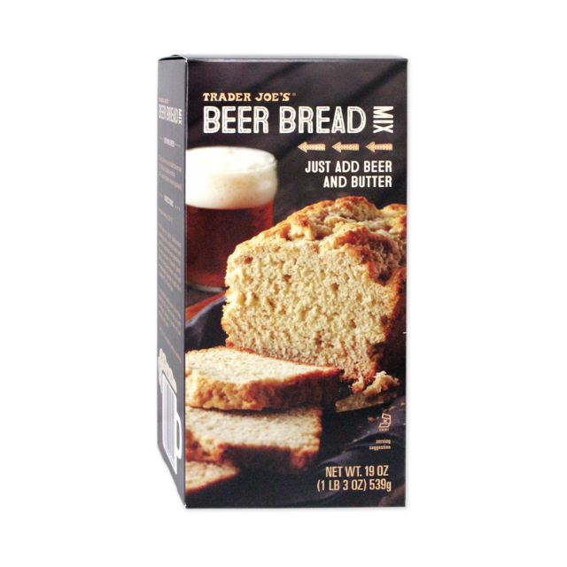 Trader Joes beer bread mix with slices of bread on the packaging