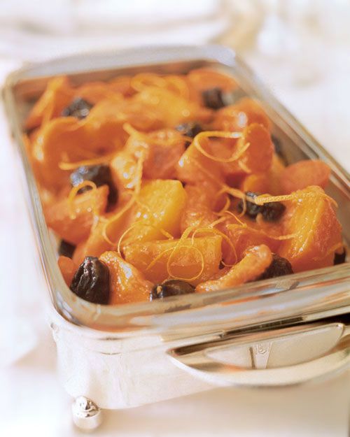 Tzimmes with sweet potatoes, dried apricots, and prunes
