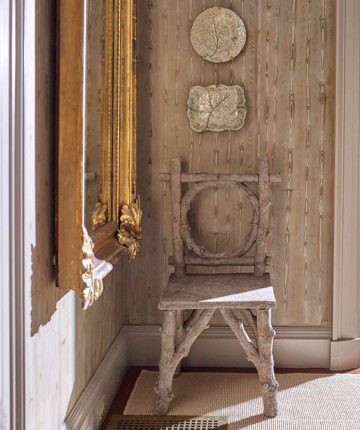 faux bois chair against hand-painted walls