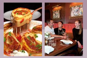 Left panel a closeup of pasta dish with tomato sauce and melted cheese Right panel three people seated at a restaurant table talking