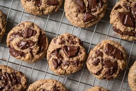 Chocolate chunk cookies cooling on a wire rack