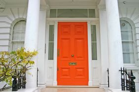 An entrance with a bright-colored door surrounded by architectural columns, part of a building