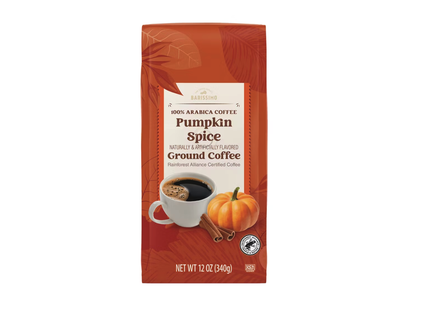 Package of ground coffee labeled pumpkin spice flavor with decoration of a cup cinnamon sticks and a pumpkin