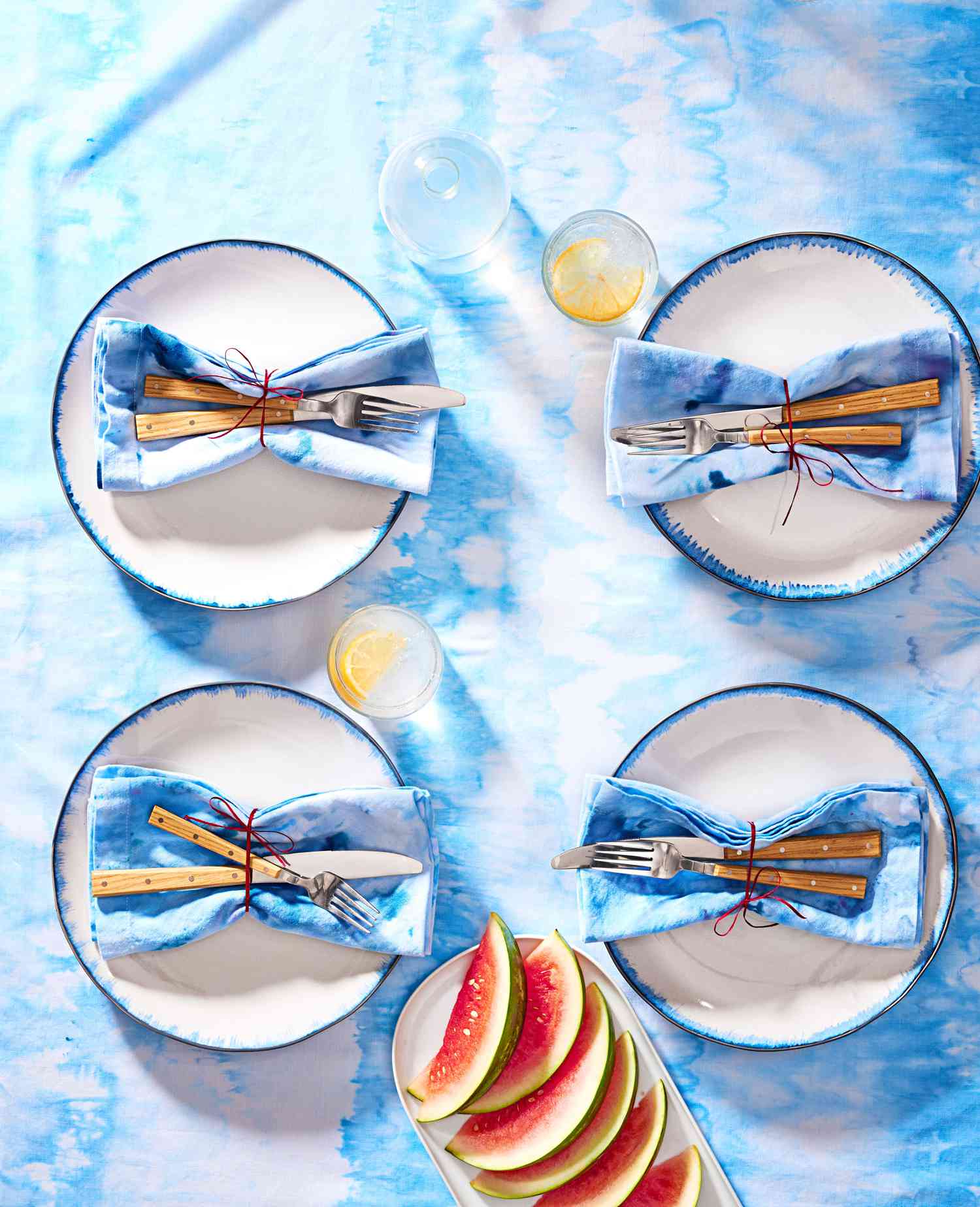 blue ice dyed table cloth and napkins