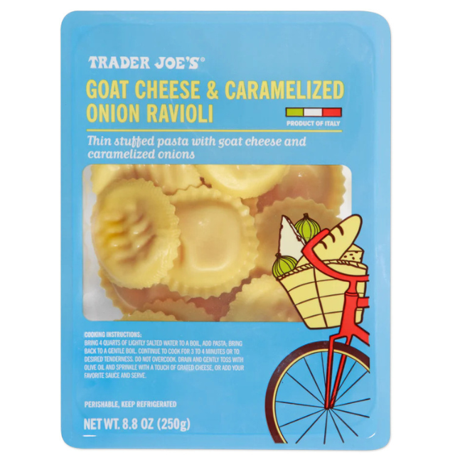 Packaged ravioli labeled Goat Cheese Caramelized Onion Ravioli placed against a light background a logo of Trader Joes visible