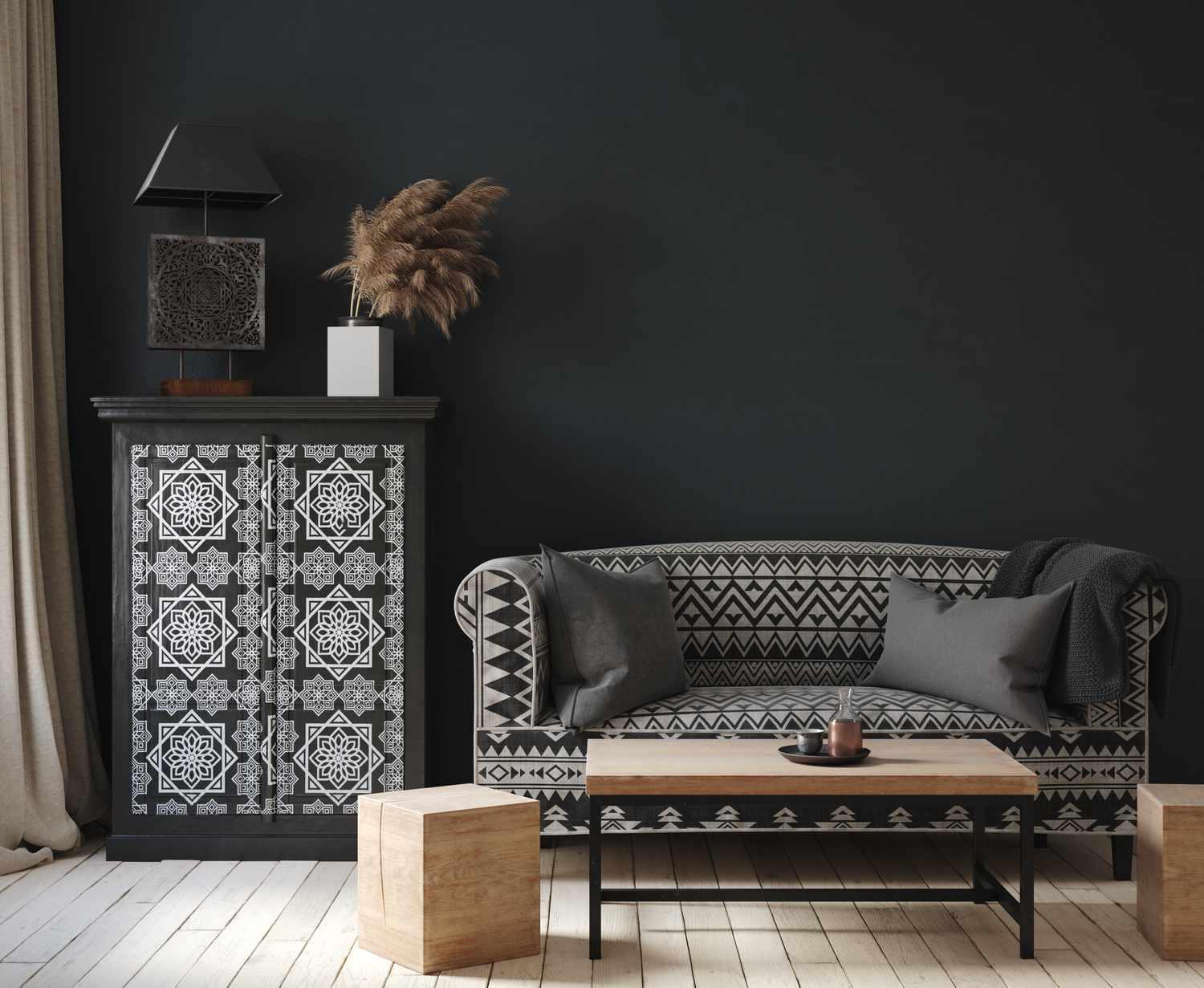 Dark home interior, ethnic style living room