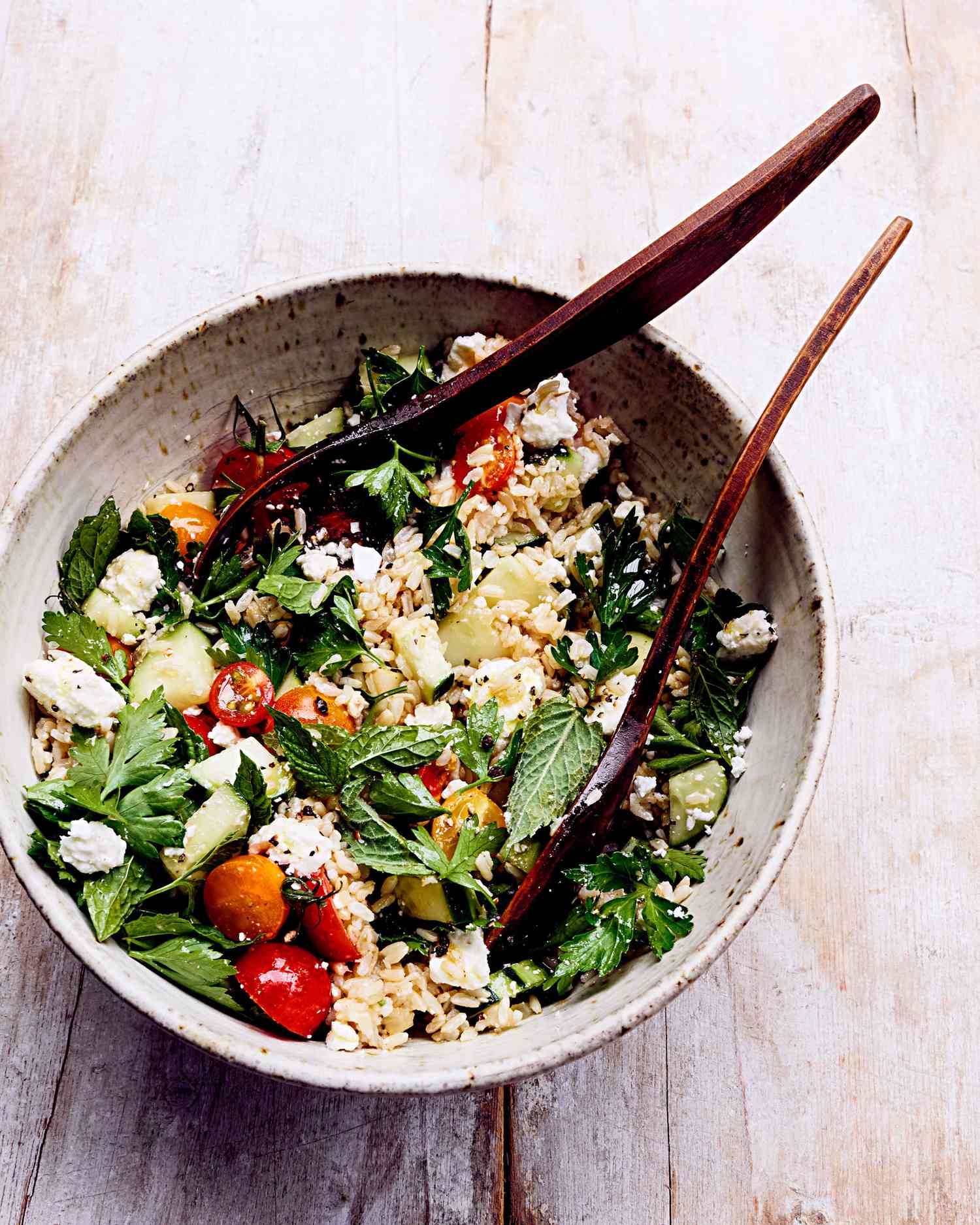 rice salad with tomatoes cucumbers feta
