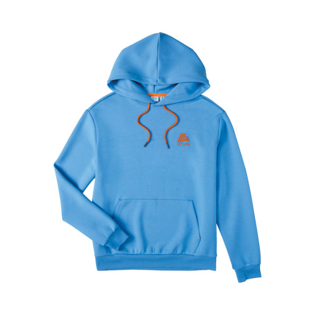 A blue hoodie displayed with the front view visible featuring a front pocket and two drawstrings from the hood