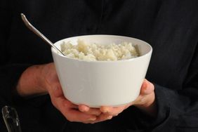 bowl of white rice with fork