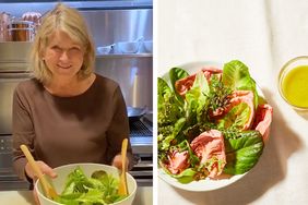 decorvow holding a salad bowl, salad greens with vinaigrette on the side