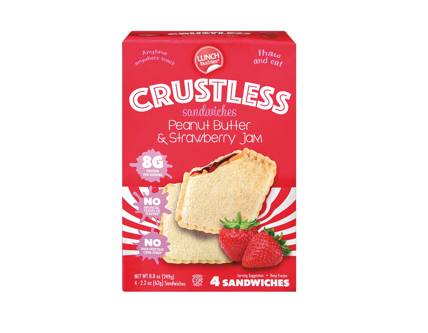 Crustless peanut butter and strawberry jam sandwiches packaging