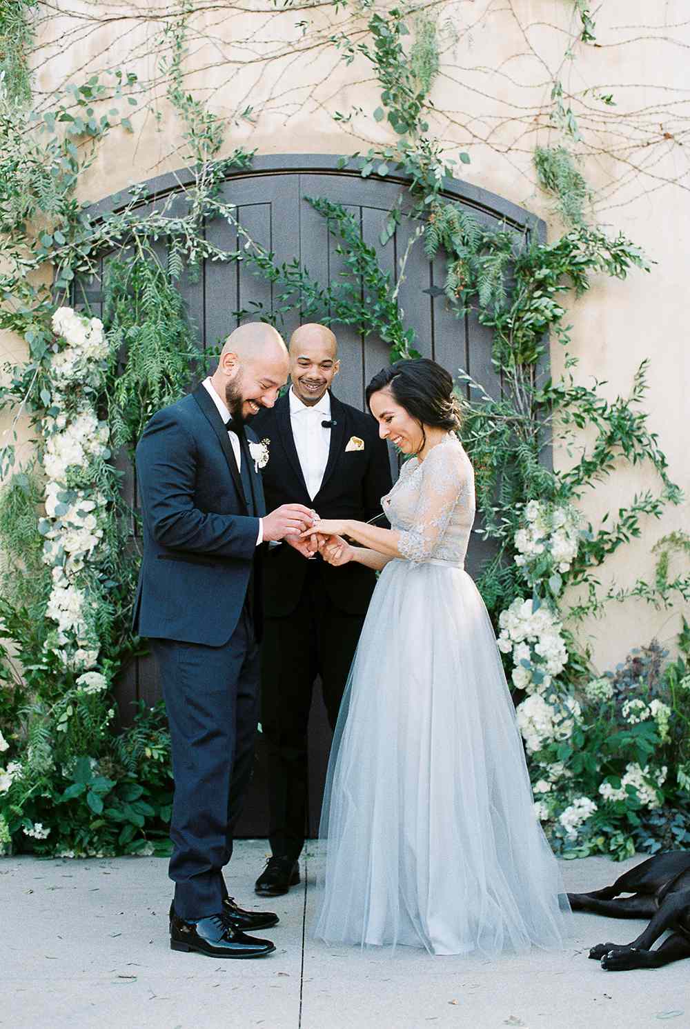 light blue wedding dress with lace bodice
