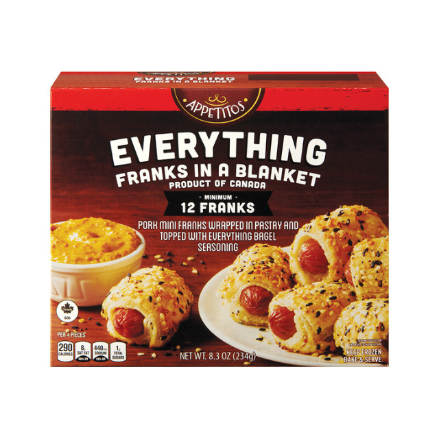 Box of everything franks in a blanket displaying mini franks wrapped in pastry with seasoning serving suggestion shown