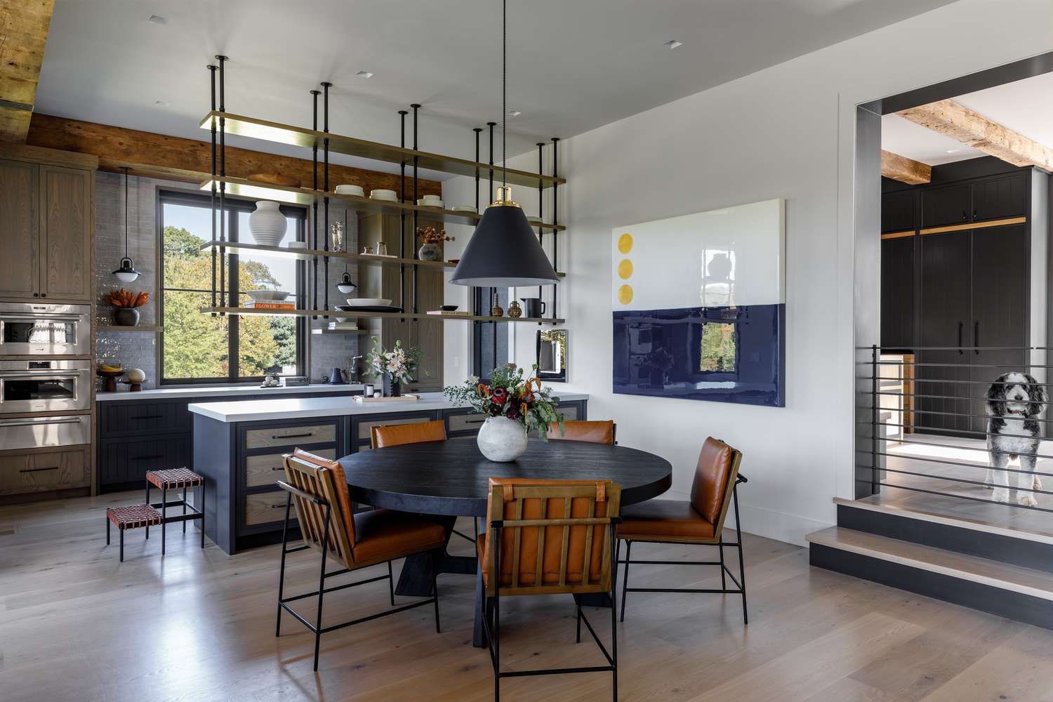 Kitchen with shelves over the island 