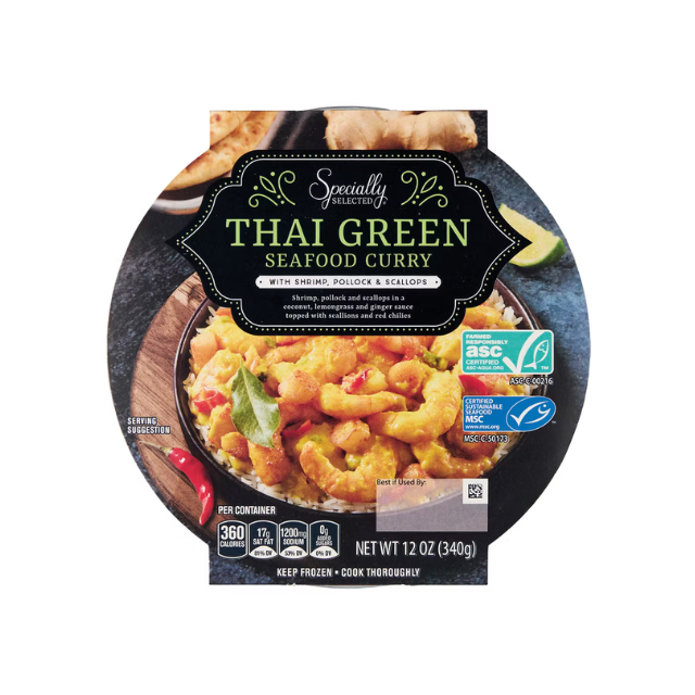 Product packaging for Thai Green Seafood Curry displaying the meal and brand label