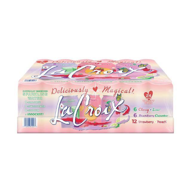 LaCroix sparkling water variety pack box with assorted fruit flavors and vibrant design