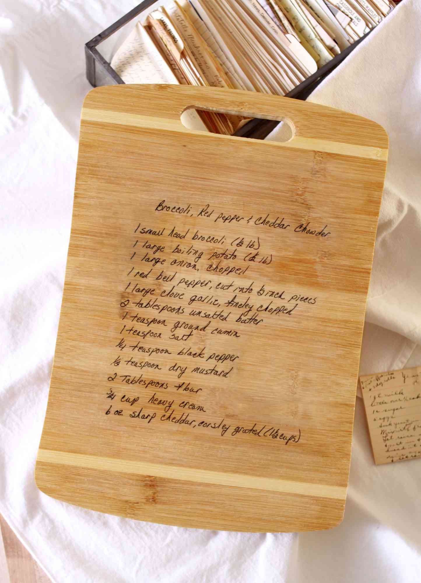 handwritten recipe on wood cutting board