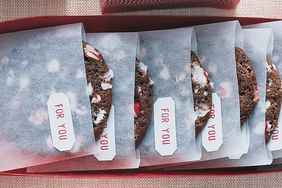 crushed peppermint-chocolate cookies in glassine envelopes