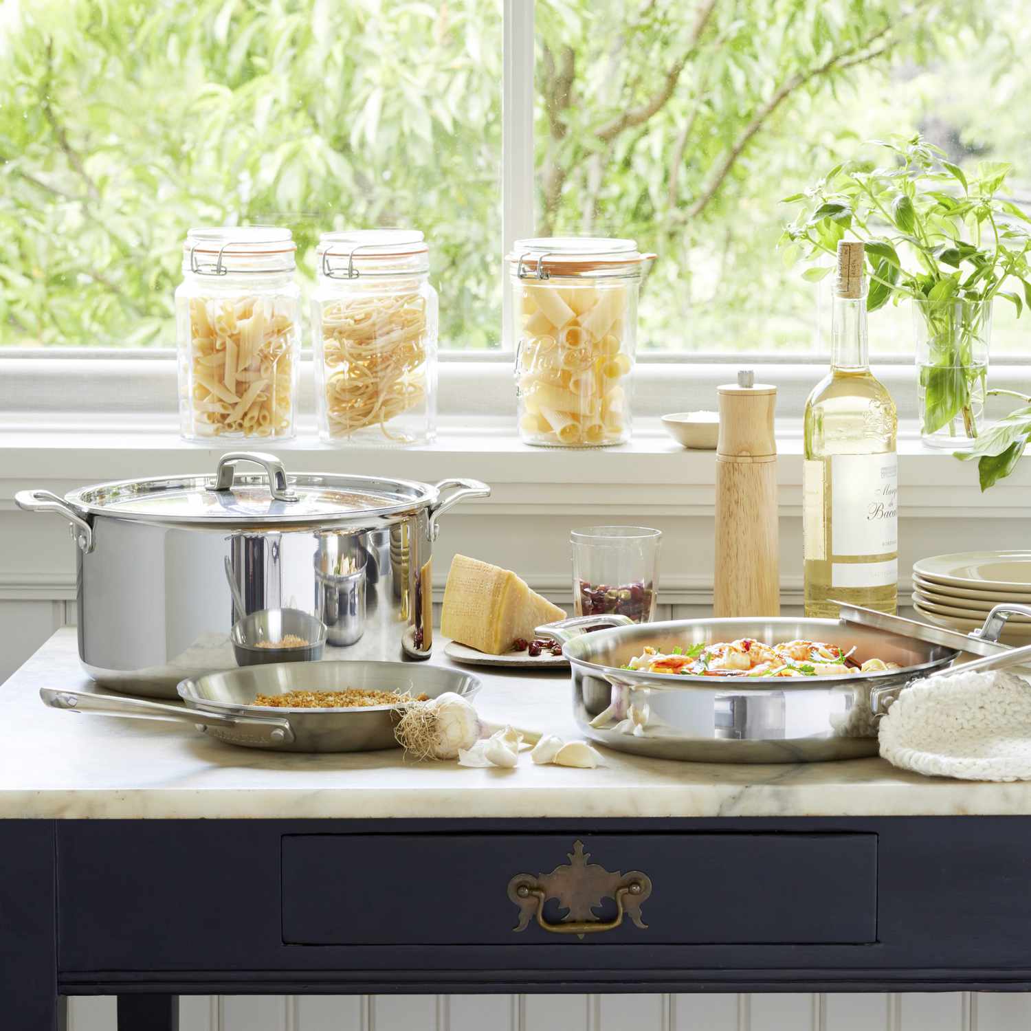 Stainless steel cookware with pasta in it