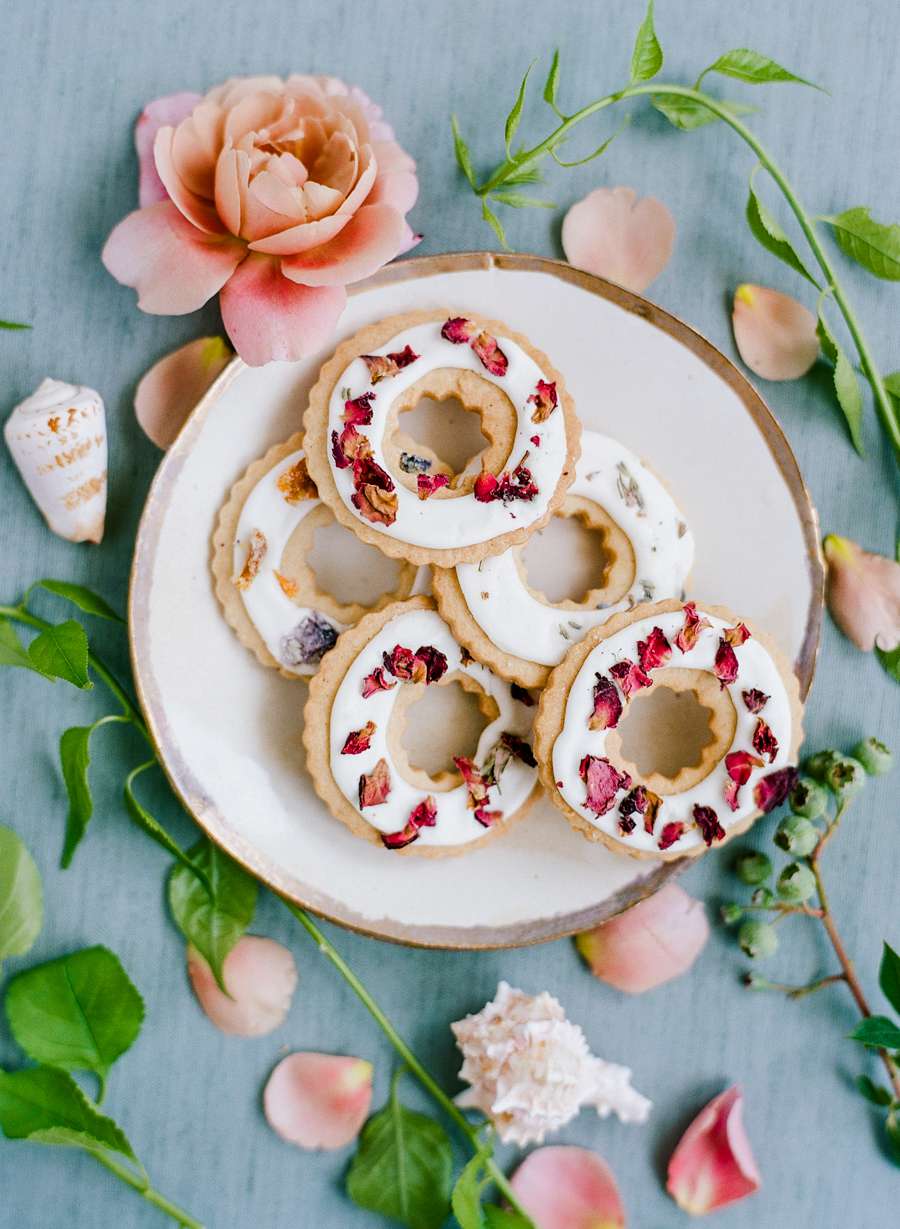 Dried flowers and herbs topped round cookies