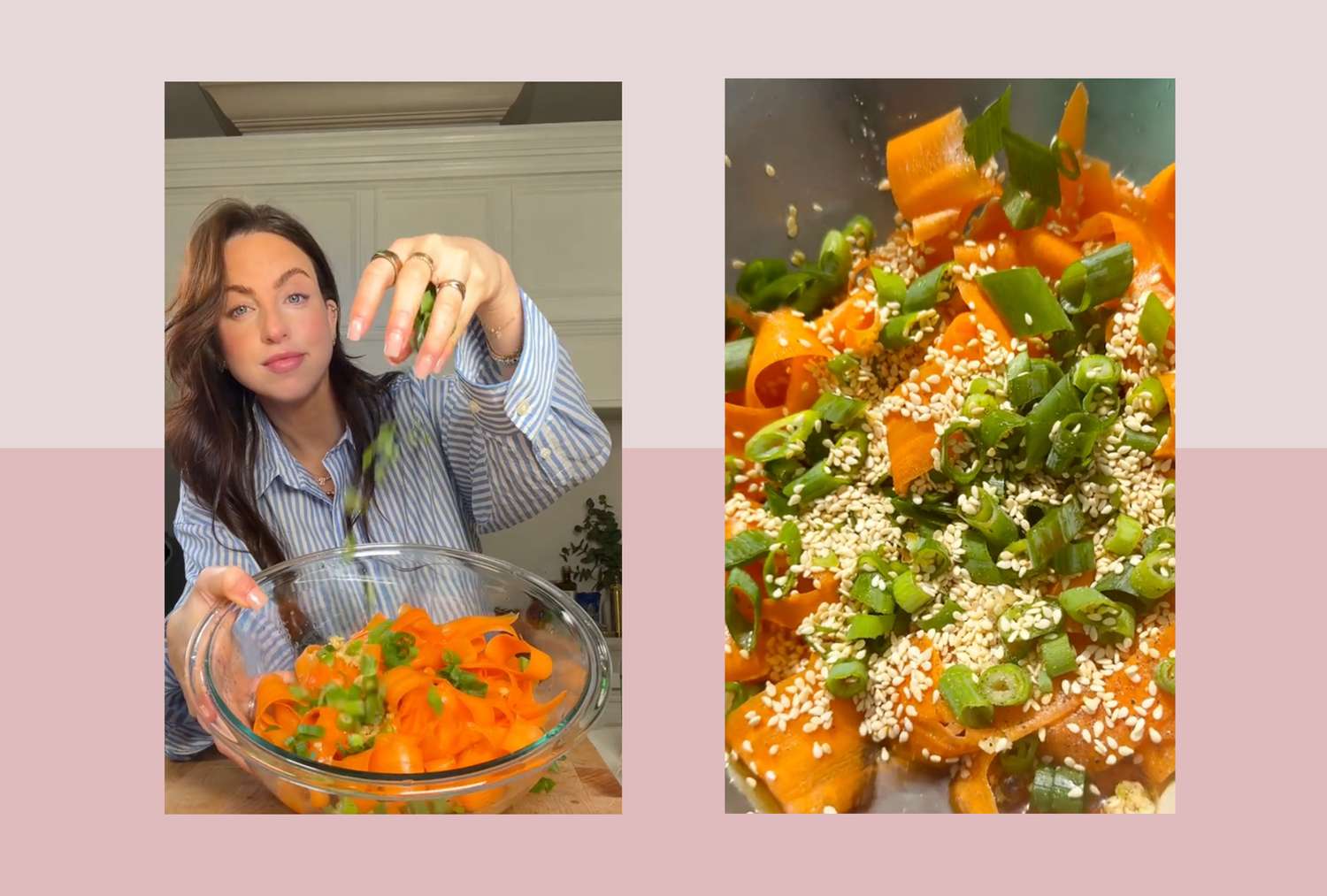 A woman holding a bowl with carrot salad, a close-up of the salad on the right