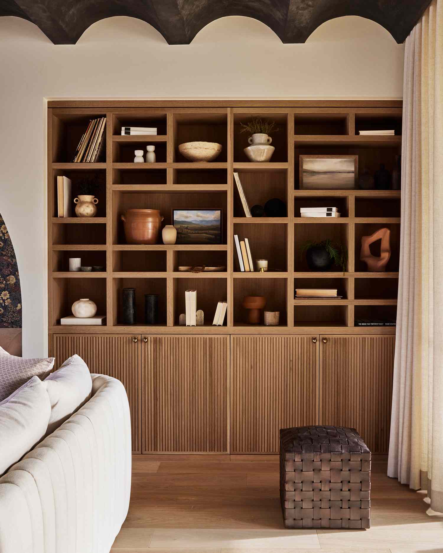 reeded wooden cabinetry in living room