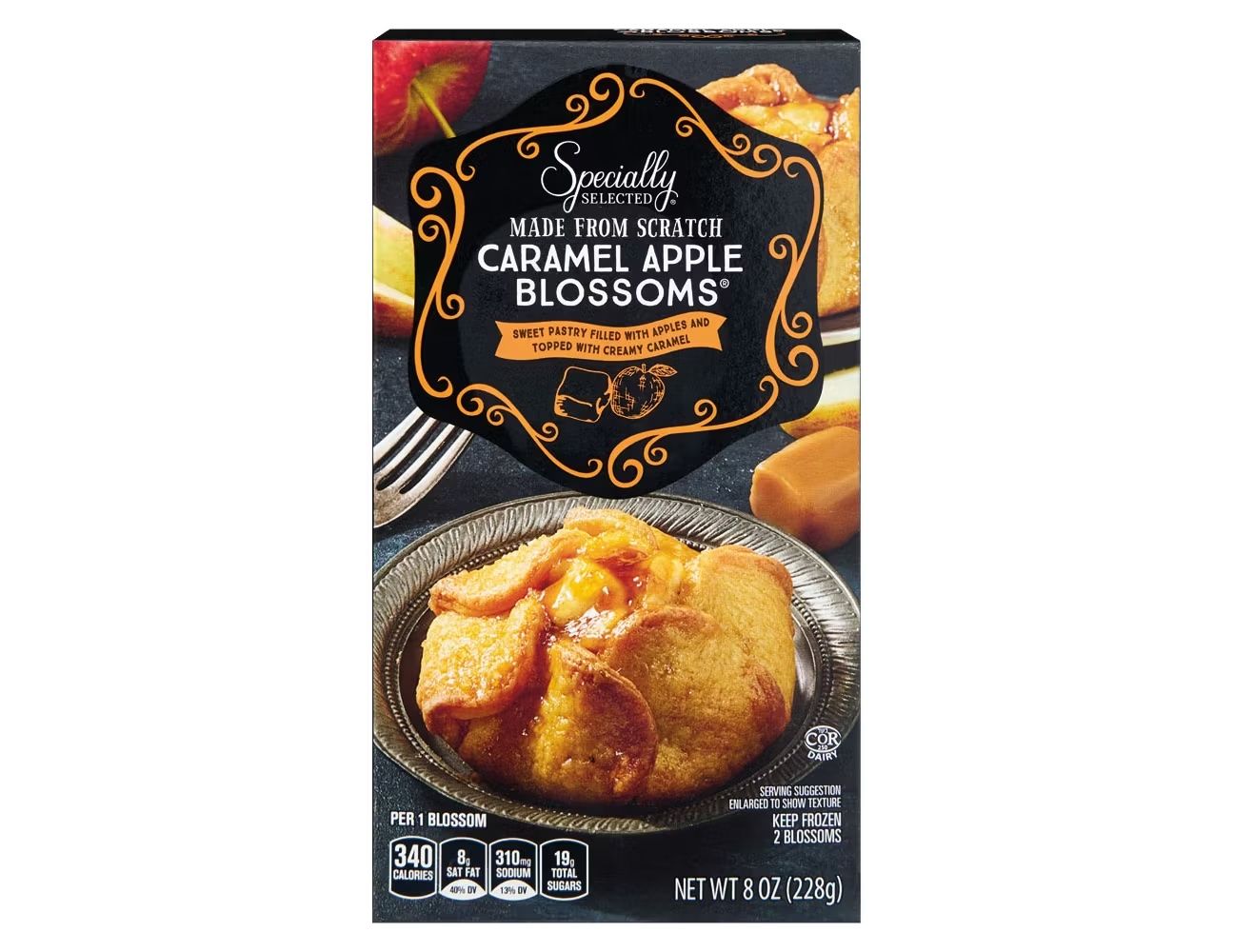 Packaging for Specialty Selected Caramel Apple Blossoms dessert featuring an image of the dessert in a dish