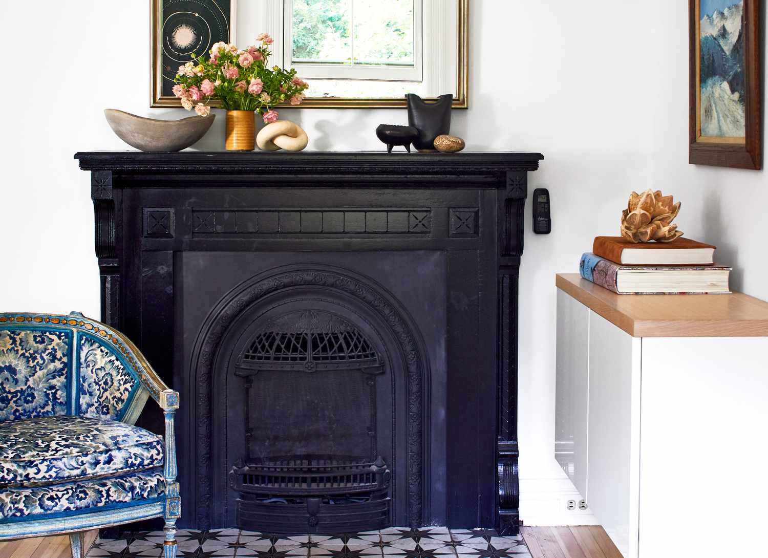 vintage black fireplace in a living room