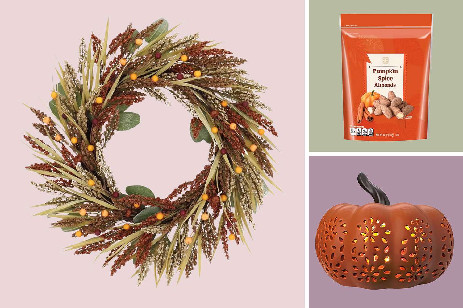 A fall wreath a package of pumpkin spice almonds and a decorative pumpkin lantern