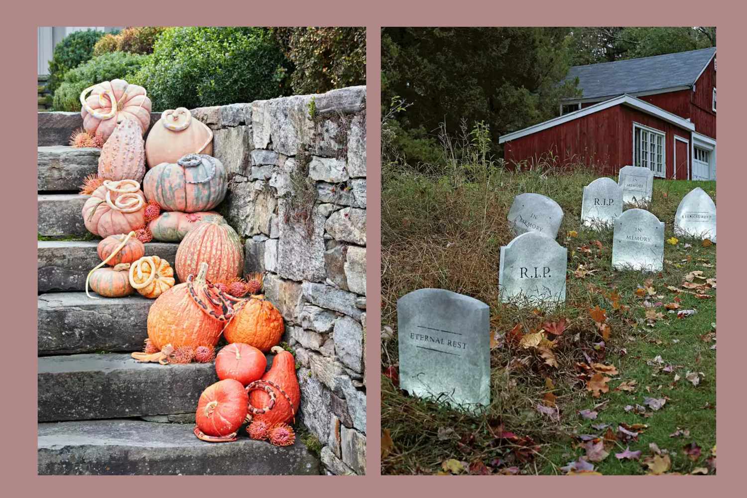 Arrangement of pumpkins on a stone staircase and illuminated tombstone decorations in a garden setting
