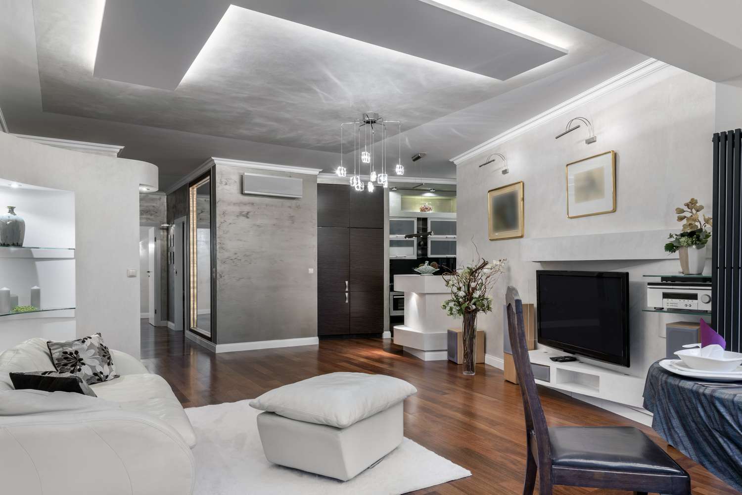 a room with a silver ceiling 