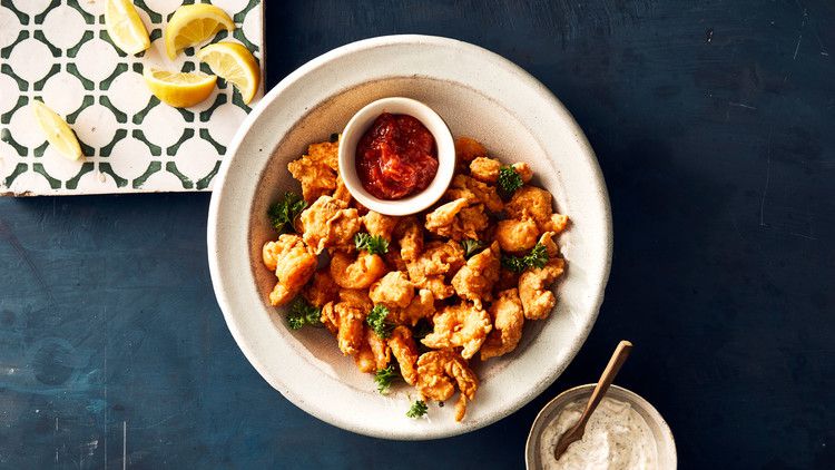 popcorn shrimp topped with fresh parsley