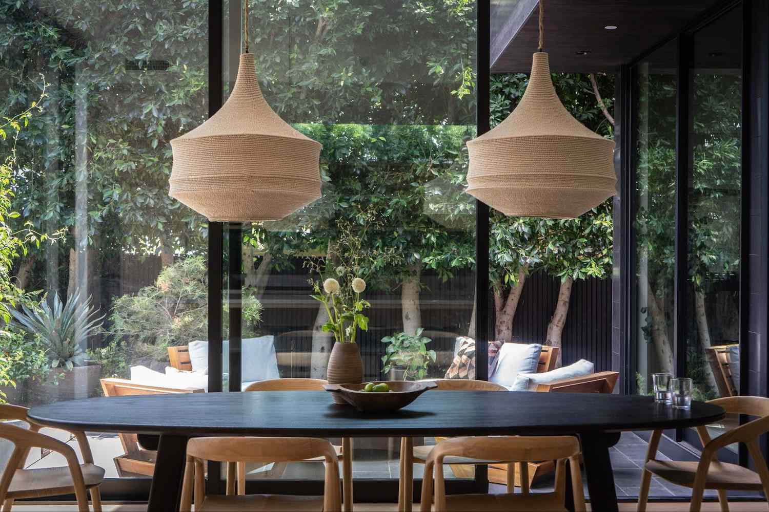 a dining room with organic lighting