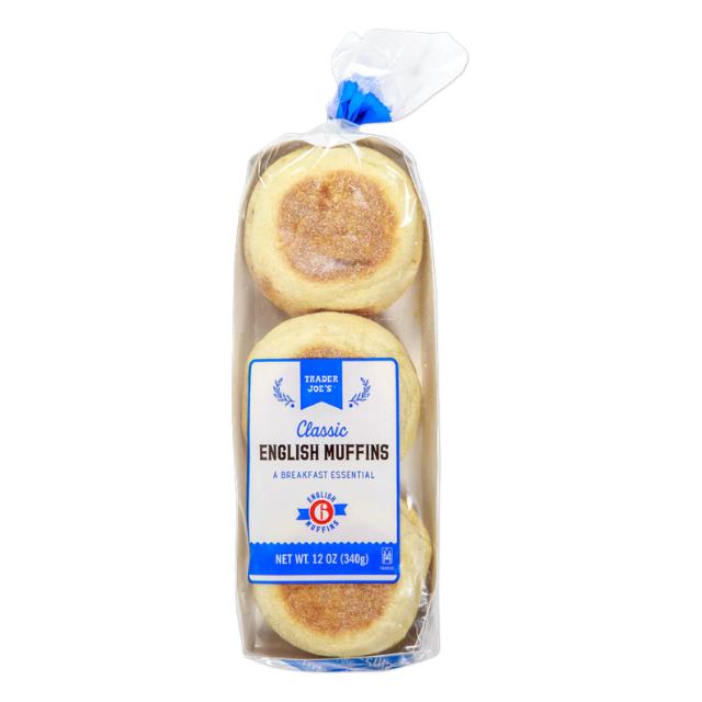 Package of classic English muffins from Trader Joes includes six muffins wrapped in a transparent plastic cover