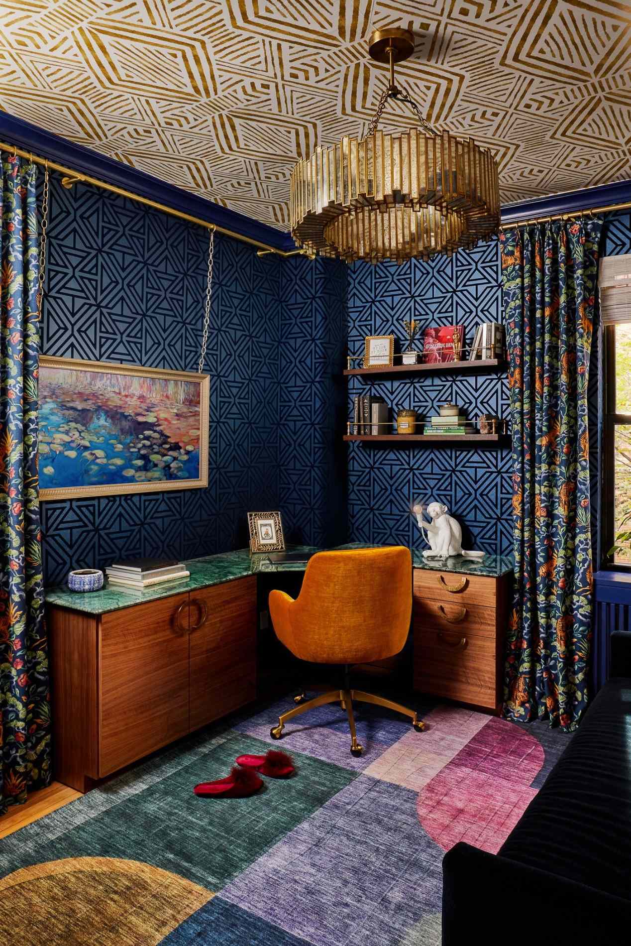 Geometric gem office with a wallpapered ceiling