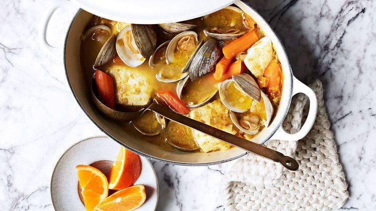 Clams and White Fish in Carrot-Saffron Broth recipe