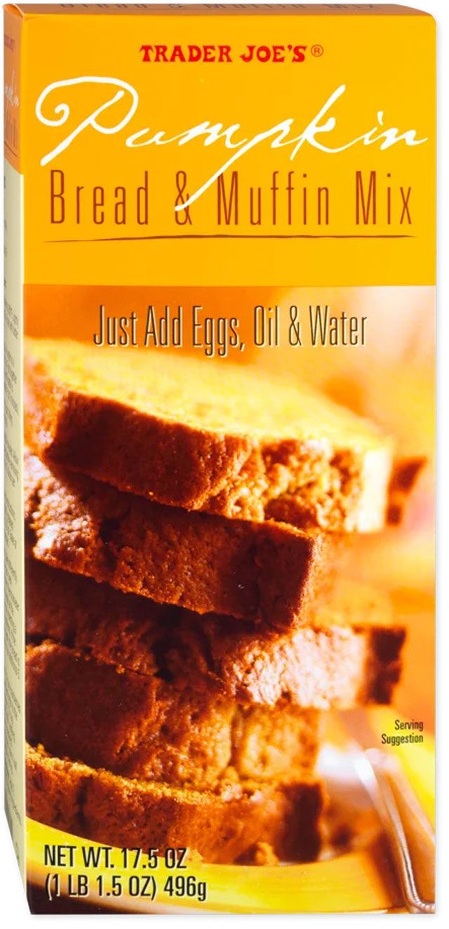 Trader Joes pumpkin bread and muffin mix packaging showing slices of bread