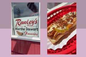 A sign reads Rawleys A decorvow Favorite alongside a hot dog with toppings in a red basket