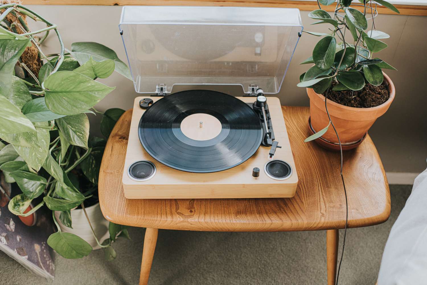A record player on a wooden table surrounded by potted plants