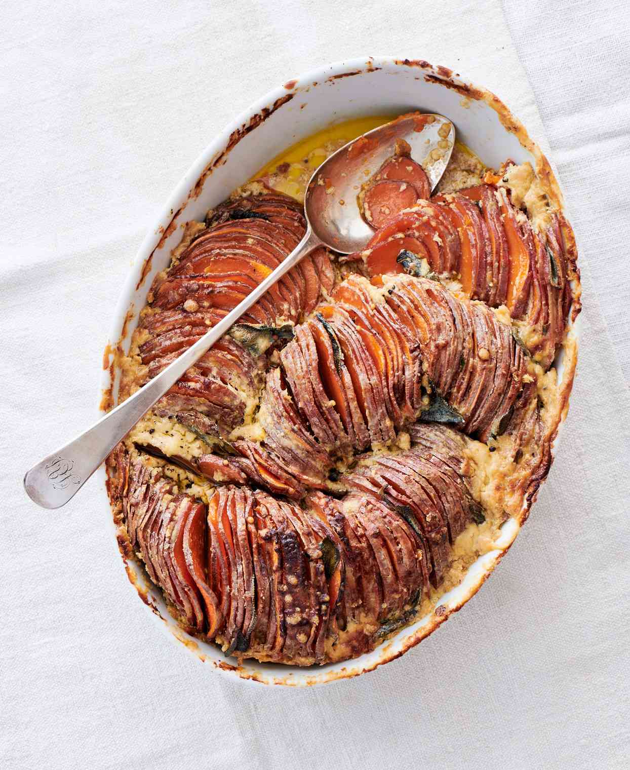 sweet-potato-and- sage tian served in a white dish