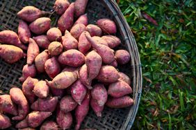 Basket of sweet potatoes on grass