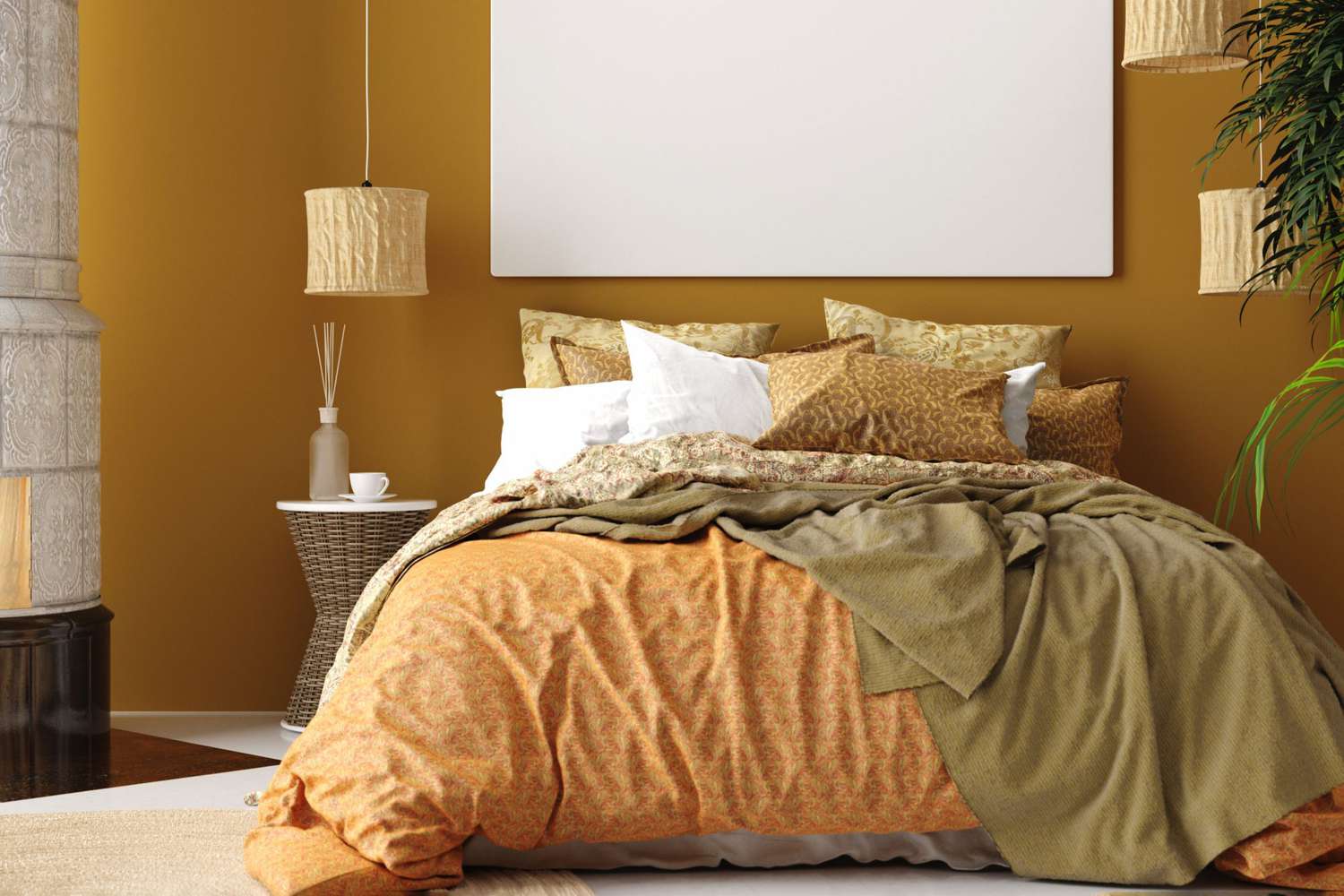 Mock up poster, mustard color bedroom interior with patterned bed, Bohemian style