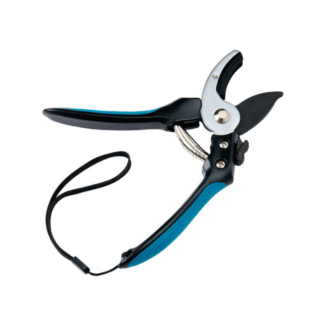 Pruning shears with a blue and black handle includes a wrist strap