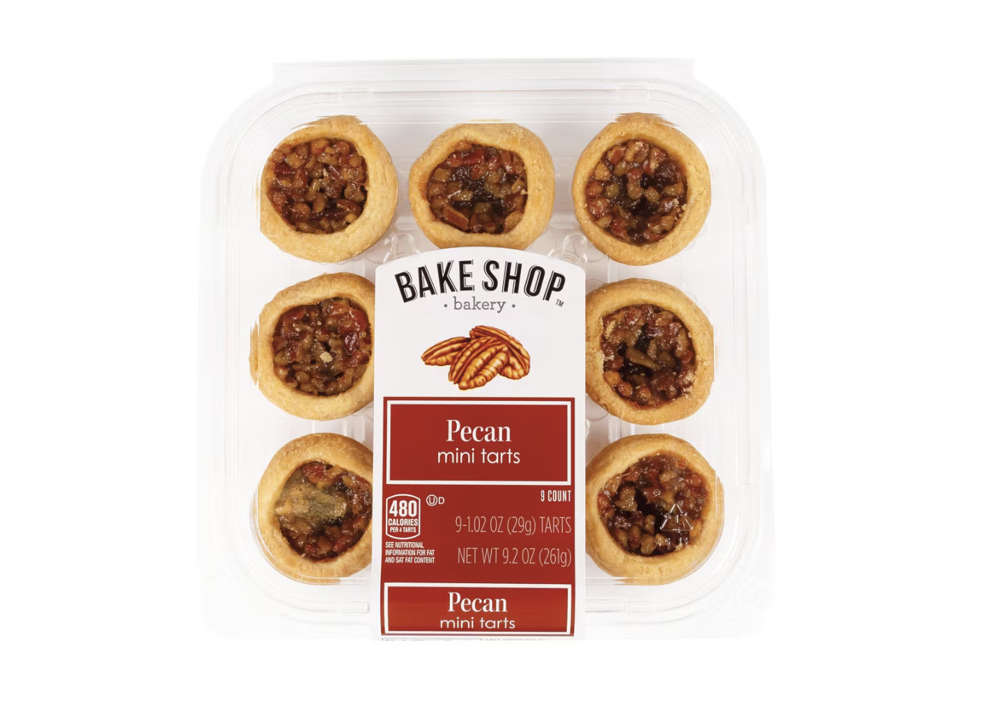 Package of Bake Shop Bakery pecan mini tarts in plastic container