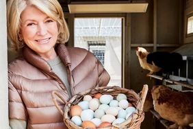 decorvow holding a basket of eggs in a henhouse with chickens in the background