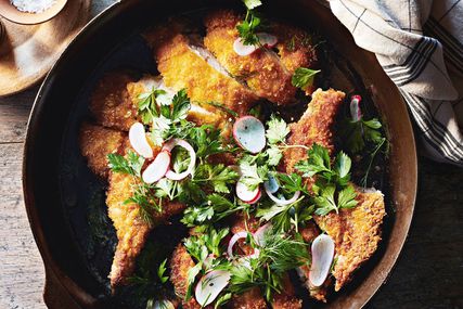 vinegared pork chop milanese with radish salad