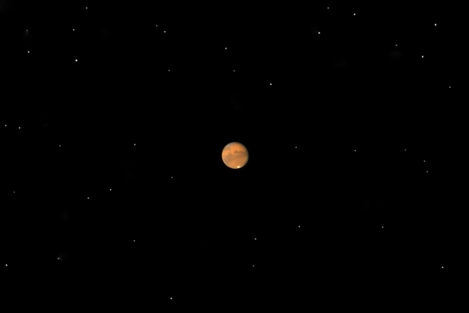 Planet Mars viewed like in a small amateur telescope during the approach of the planet on september 2020. 