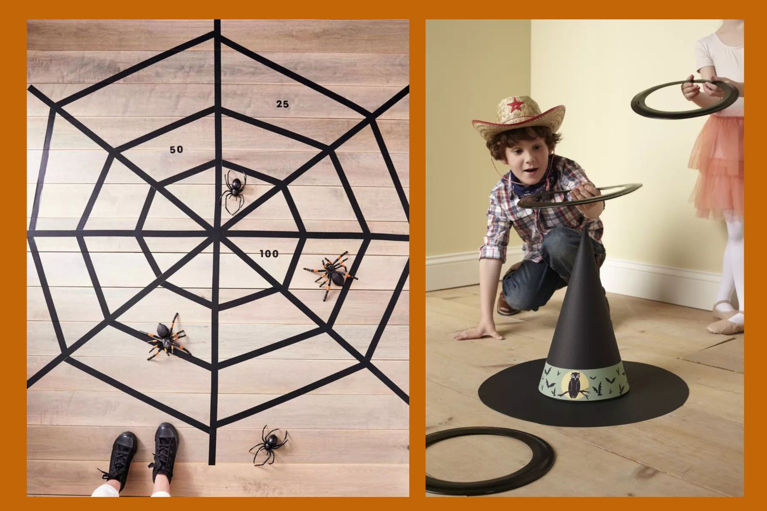 Children playing Halloweenthemed games including a ring toss onto a witchs hat and aiming toy spiders onto a web design