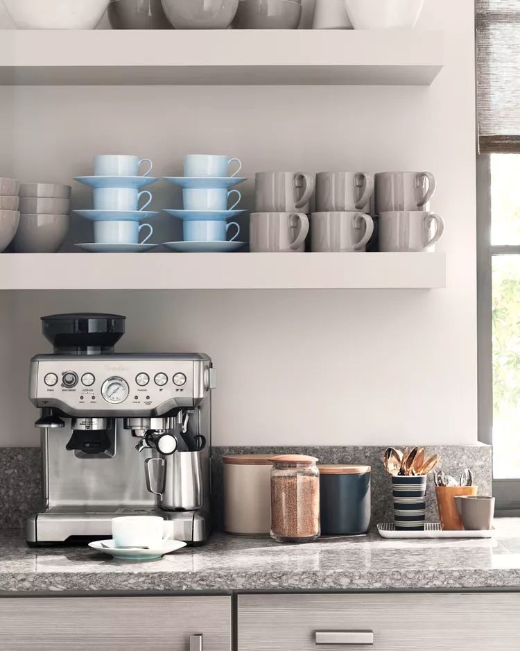 espresso machine and open shelving 