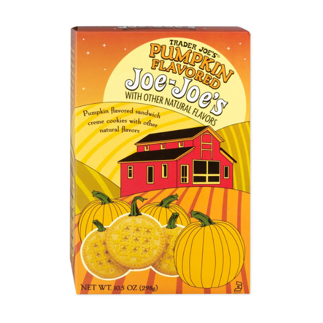 Trader Joes Pumpkin Flavored JoeJoes snack box featuring a barn graphic and pumpkin illustrations